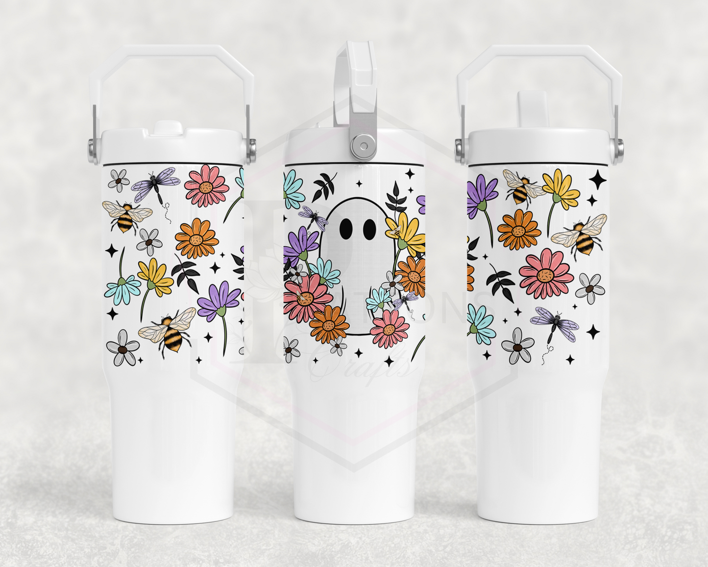 30oz All white tumbler | Handle lid | Floral Ghostie