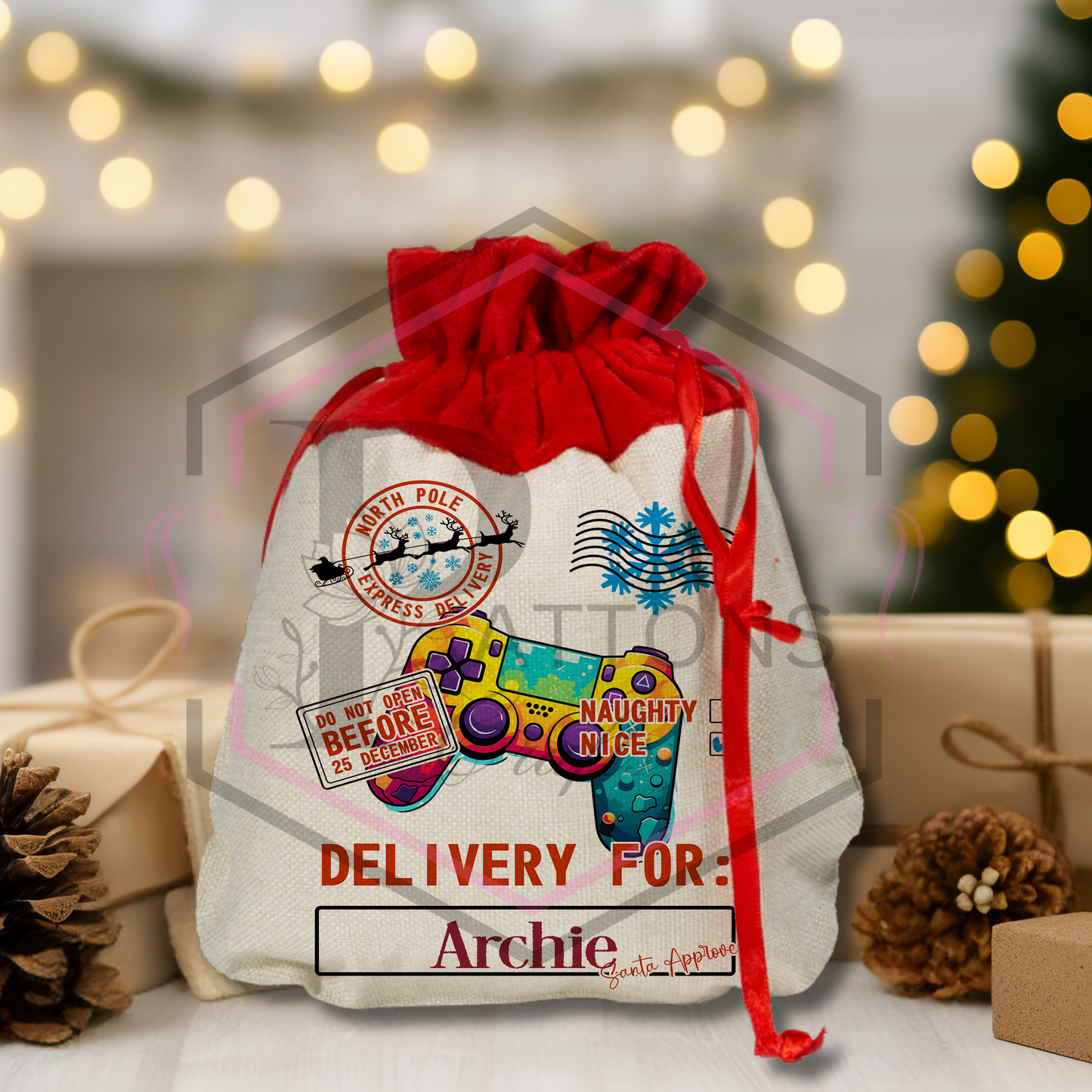 Mini Christmas Sack | Festive Gamer | Personalised Gift bag