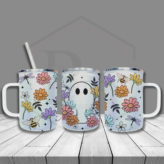 Frosted glass tumbler | Floral Ghostie | Frosted cup with handle