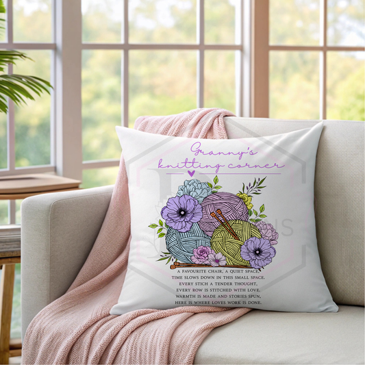 Personalised Knitting Cushion | Granny's knitting corner | Gift for knitter