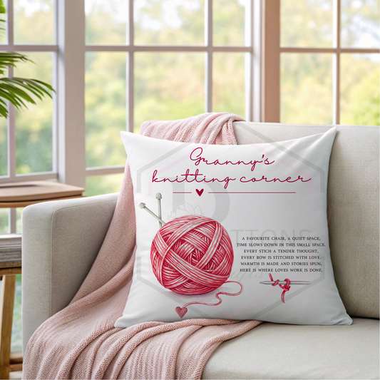 Personalised Knitting Cushion 40x40cm | Granny’s Knitting Corner | Nana Nanny Gift