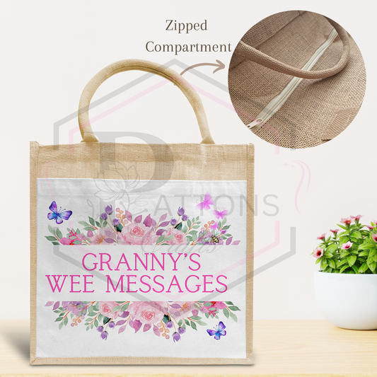 Jute Tote bag | Tote bag with zipped compartment | Grannys Wee Messages