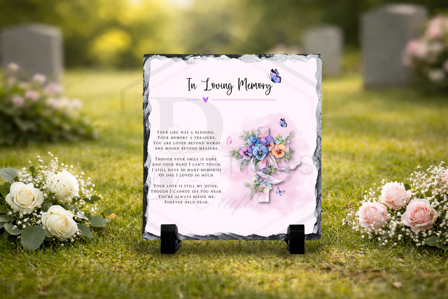 Personalised Memorial Slate | Floral Cross & Butterflies