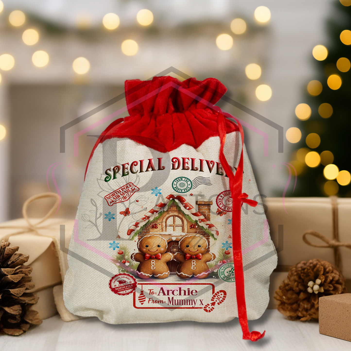 Mini Christmas Sack | Gingerbread house | Personalised gift bag