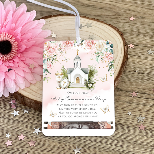 First Holy Communion Acrylic Money Holder Tag – Custom Name Keepsake Gift with Prayer Verse | Girls Holy Communion Gifting