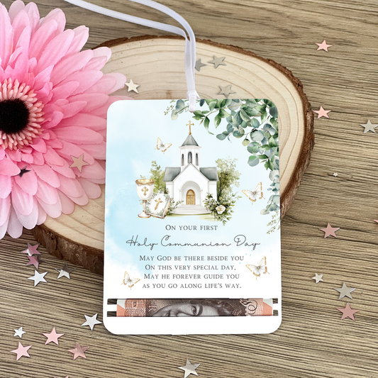 First Holy Communion Acrylic Money Holder Tag – Custom Name Keepsake Gift with Prayer Verse | boys Holy Communion Gifting