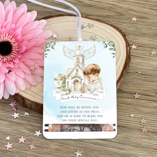 First Holy Communion Acrylic Money Holder Tag – Custom Name Keepsake Gift with Prayer Verse | boys Holy Communion Gifting