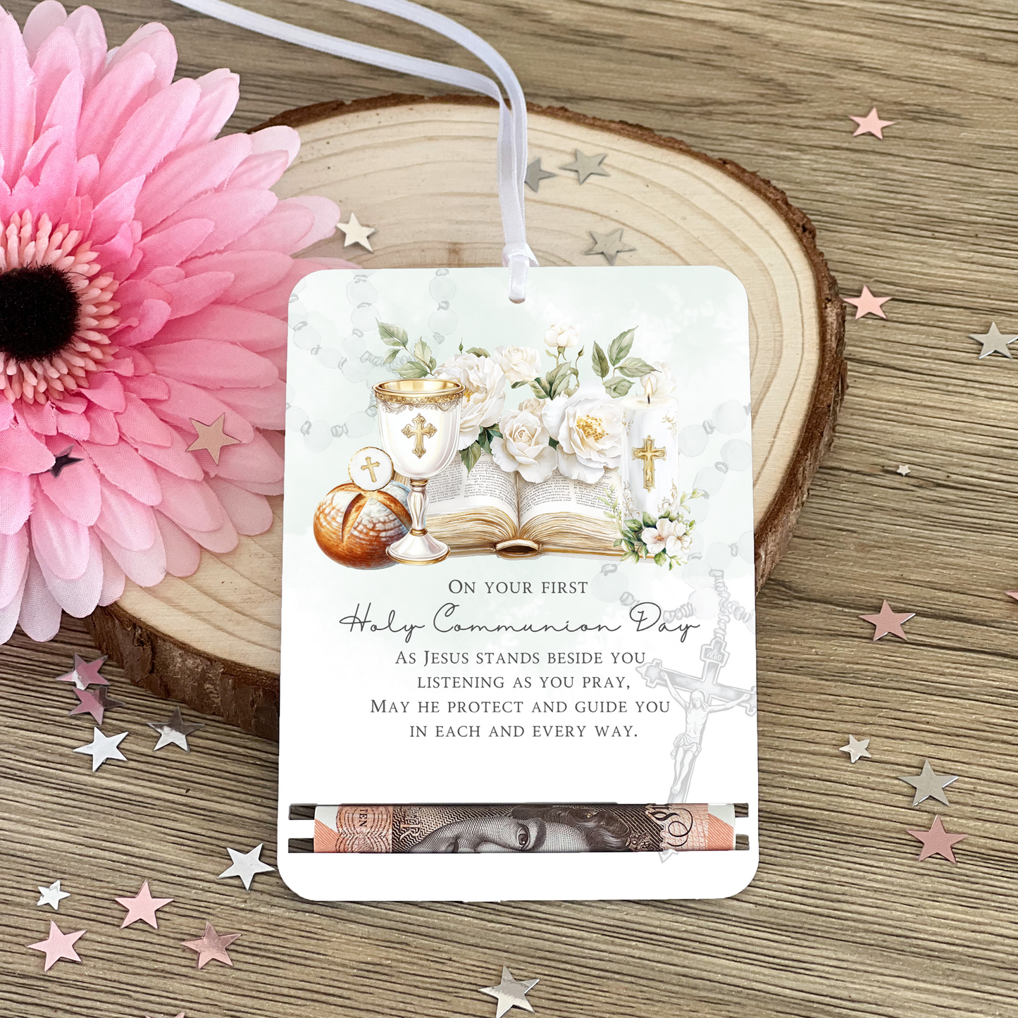 First Holy Communion Acrylic Money Holder Tag – Custom Name Keepsake Gift with Prayer Verse |  Holy Communion Gifting