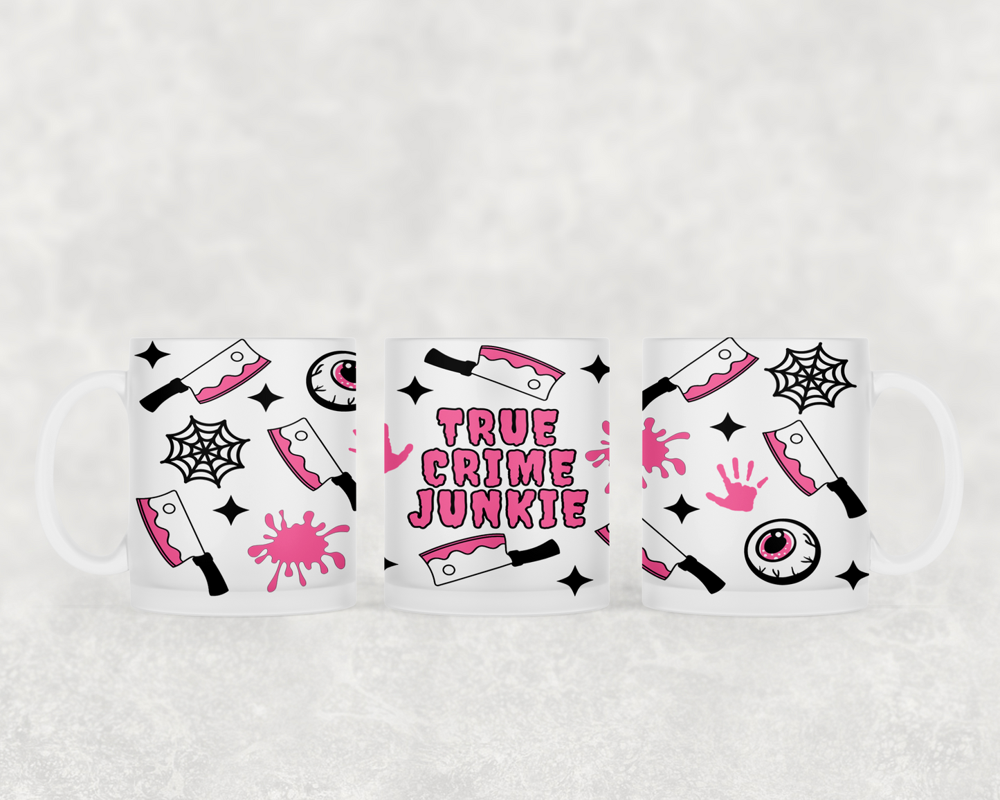 Frosted Mug | 11oz glass mug | True Crime Junkie | Pink