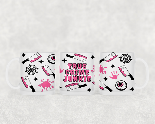 Frosted Mug | 11oz glass mug | True Crime Junkie | Pink