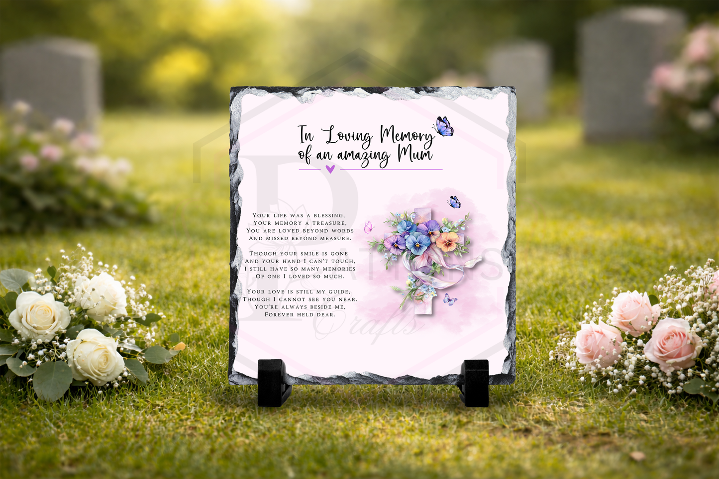 Personalised Memorial Slate | Floral Cross & Butterflies