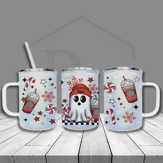 Frosted glass tumbler | Peppermint ghostie | Frosted cup with handle