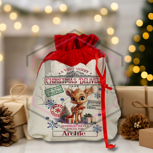 Mini Christmas Sack | Reindeer | Personalised Gift Bag