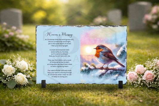 Heaven’s Message Memorial Slate Plaque | Robin Grave Marker | Winter Robin