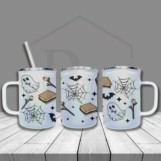 Frosted glass tumbler |Camping Ghostie| Frosted cup with handle