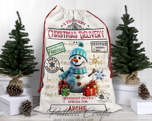 Personalised Santa Sack | Happy Snowman| Christmas Sack