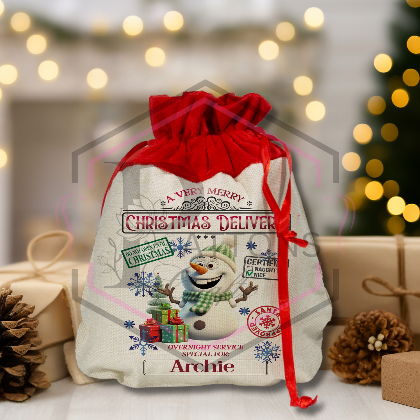 Mini Christmas Sack | Snowman | Personalised Gift bag