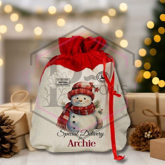 Mini Christmas Sack | Snowman | Personalised Gift bag