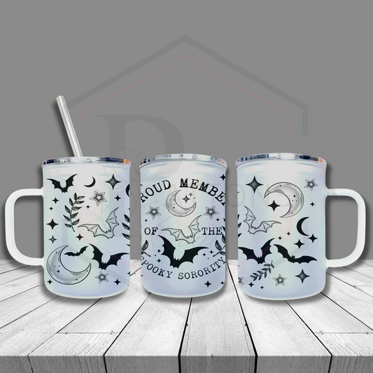 Frosted glass tumbler | Spooky Members Club | Frosted cup with handle