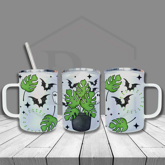 Frosted glass tumbler |Spooky Greenery| Frosted cup with handle