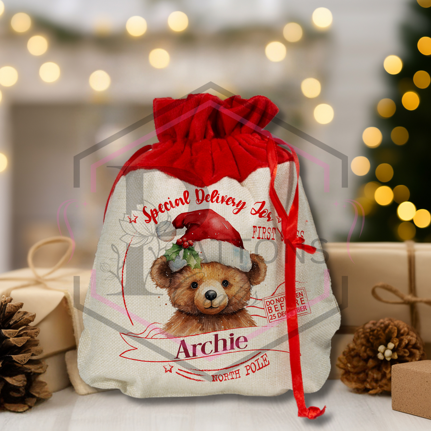 Mini Christmas Sack | Festive Teddy | Personalised Gift bag