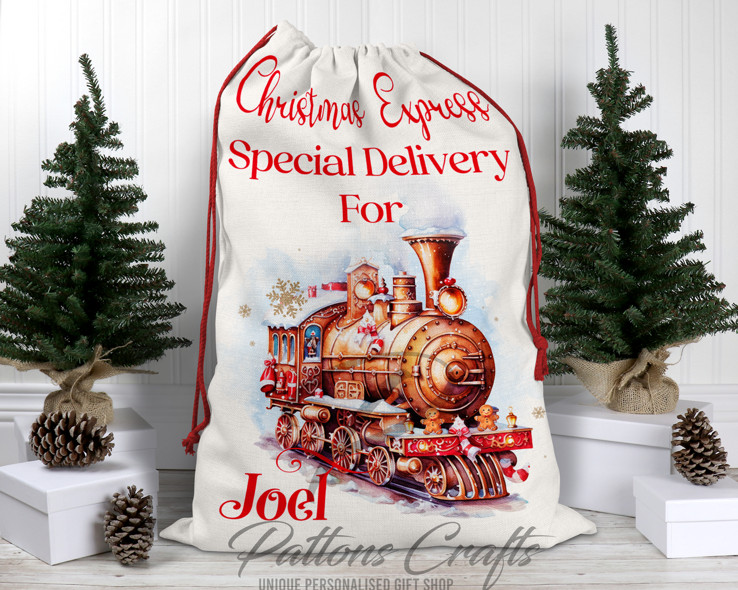 Personalised Santa Sack | Christmas Gingerbread Train| Christmas Sack