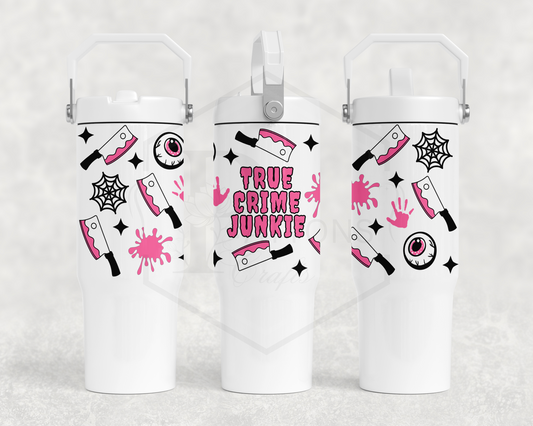 30oz All white tumbler | Handle lid | True Crime Junkie